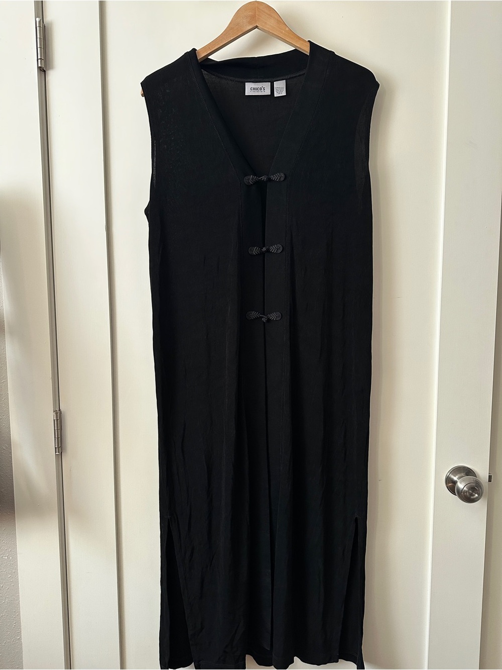 Chico's Black Sleeveless Midi vest with Frog Closures